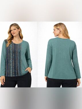 Peruvian Connection Aztec Tribal Pattern Long Sleeve T Shirt Green Oversized S